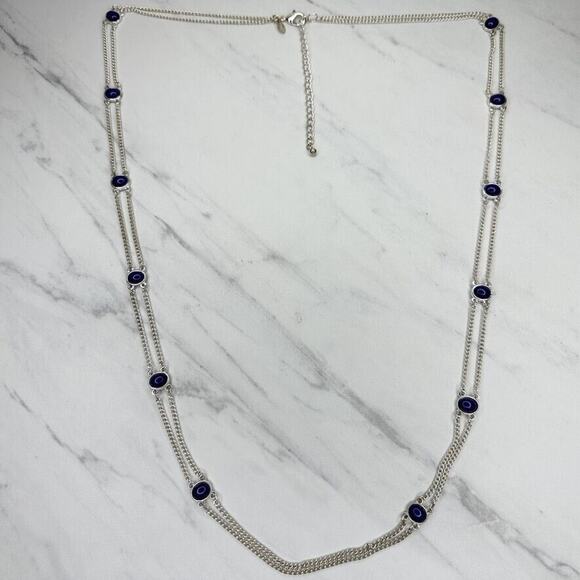 Chico's Blue Cabochon Double Strand Long Silver Tone Chain Link Station Necklace - Picture 8 of 16